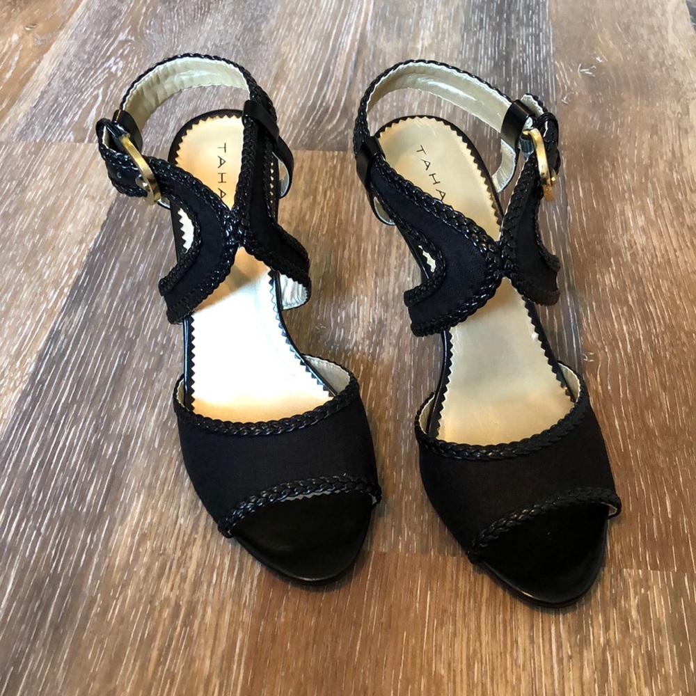 Tahari Black Braided Cage Slingback Peep Toe Heels
